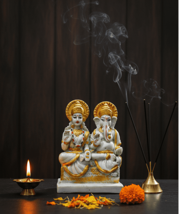 Laxmi Ganesh Idol 7 Inch, White and Gold Lakshmi Ganesha, Diwali Puja Murti NGT-038, Prosperity God Statue, Ganesh Lakshmi for Home, Hindu God Figurine