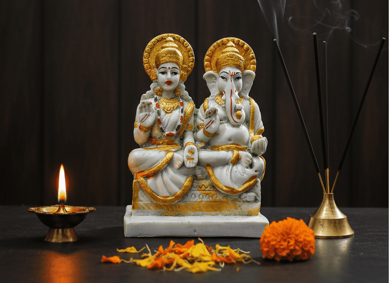 Laxmi Ganesh Idol 7 Inch, White and Gold Lakshmi Ganesha, Diwali Puja Murti NGT-038, Prosperity God Statue, Ganesh Lakshmi for Home, Hindu God Figurine