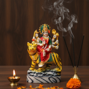 7.5 Inch Maa Durga, Durga on Tiger Statue, Mata Rani Murti Medium, Navaratri Idol NGT-020, Vastu Protection Statue, Colorful Hindu Goddess, Tiger Vahana