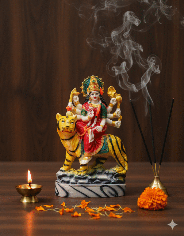 7.5 Inch Maa Durga, Durga on Tiger Statue, Mata Rani Murti Medium, Navaratri Idol NGT-020, Vastu Protection Statue, Colorful Hindu Goddess, Tiger Vahana