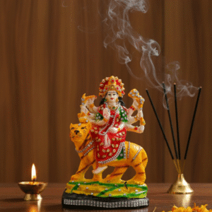 9.5 Inch Maa Durga, Jeweled Durga Idol, Mata Rani on Tiger Murti, Navaratri Statue NGT-070, Vastu Protection Idol, Jewellery Durga, Small Durga Idol, Hindu Goddess Statue