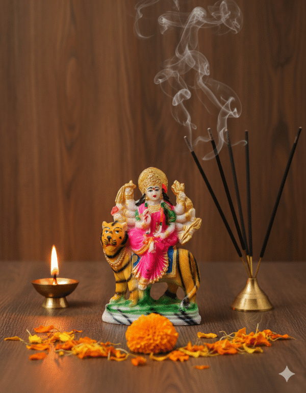 6 Inch Maa Durga Idol, Durga on Tiger Small, Mata Rani Murti Pink, Navaratri Idol NGT-030, Car Dashboard Idol, Vastu Protection Statue, Hindu Goddess Figurine