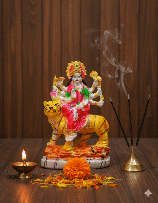 10 Inch Maa Durga Idol, Durga on Tiger Statue Large, Mata Rani Murti Marble Touch, Navaratri Idol NGT-023, Pink Durga Statue, Vastu Protection Idol, Hindu Goddess Figurine