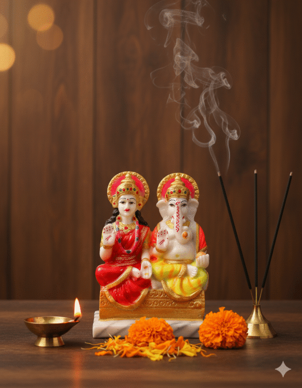 Laxmi Ganesh Idol 7 Inch M.T., Marble Touch Lakshmi Ganesha, Diwali Puja Murti NGT-039, White Gold Prosperity Statue, Ganesh Lakshmi for Home Temple, Hindu God Gifting