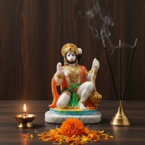 8 Inch Hanuman Idol, Seated Hanuman Marble Dust, White Gold Bajrangbali Murti, Premium Hanuman Statue NGT-203, Hanuman Gada Murti, Hindu God Figurine