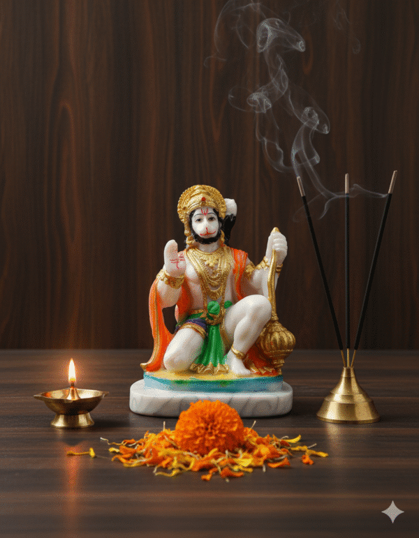 8 Inch Hanuman Idol, Seated Hanuman Marble Dust, White Gold Bajrangbali Murti, Premium Hanuman Statue NGT-203, Hanuman Gada Murti, Hindu God Figurine