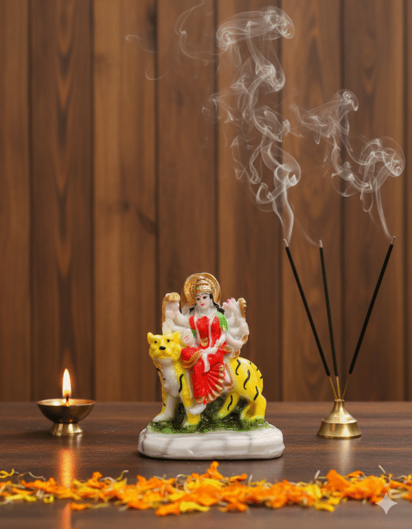 4-Inch Maa Durga Idol on Tiger (Compact Marble Dust)