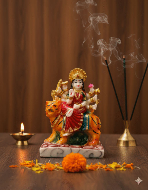 6 Inch Maa Durga Idol, Durga on Tiger Statue, Mata Rani Murti Small, Navaratri Idol NGT-201, Marble Dust Durga, Vastu Protection Statue, Hindu Goddess Figurine