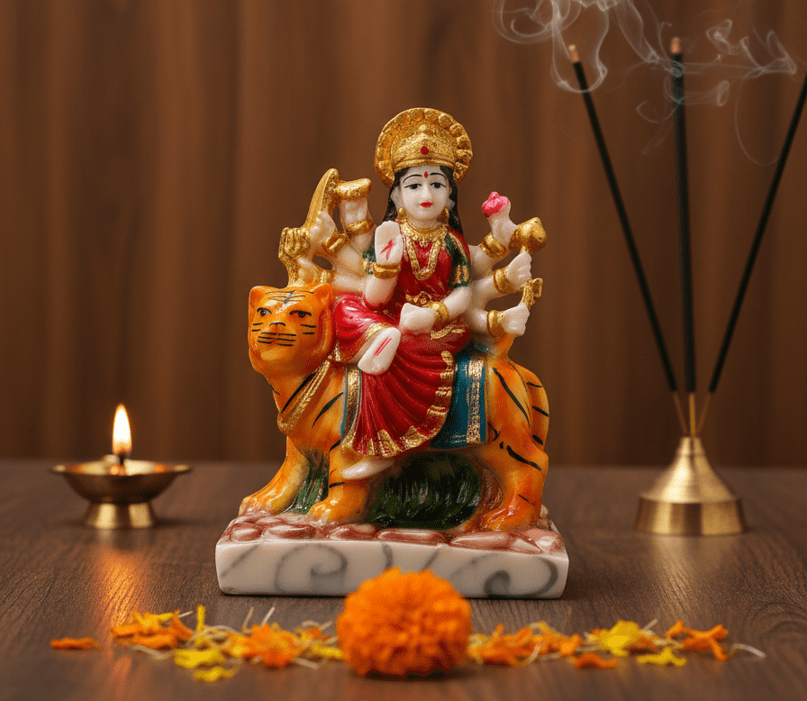 6 Inch Maa Durga Idol, Durga on Tiger Statue, Mata Rani Murti Small, Navaratri Idol NGT-201, Marble Dust Durga, Vastu Protection Statue, Hindu Goddess Figurine
