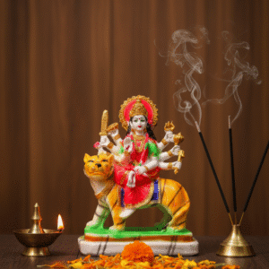 9.5 Inch Maa Durga Idol, Durga on Tiger Statue, Mata Rani Murti Marble Touch, Navaratri Idol NGT-024, Vastu Protection Statue, Hindu Goddess Figurine, China Mata Idol