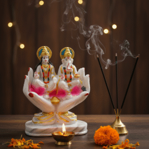 Laxmi Ganesh Idol 8 Inch, Ganesha Lakshmi on Hand Statue, Diwali Gift NGT-40, Marble Touch Prosperity Idol, Unique Hindu God Murti, Ganesh Lakshmi Hath