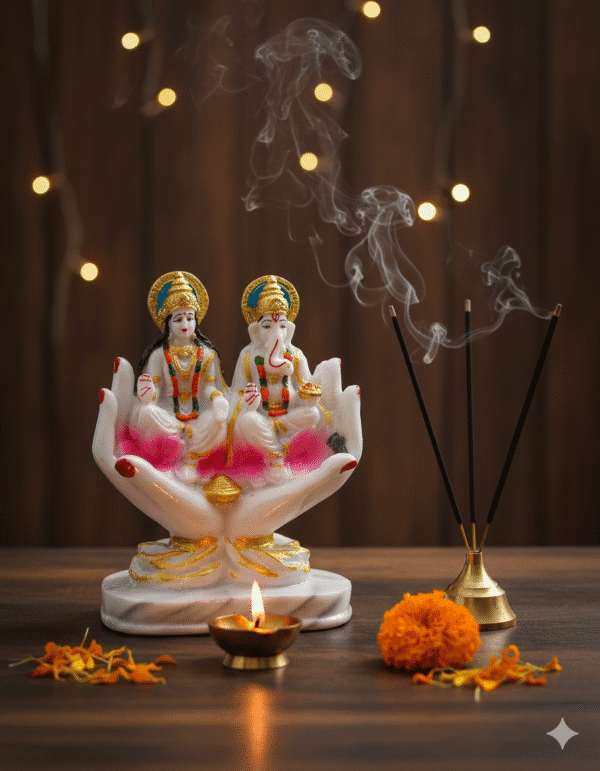 Laxmi Ganesh Idol 8 Inch, Ganesha Lakshmi on Hand Statue, Diwali Gift NGT-40, Marble Touch Prosperity Idol, Unique Hindu God Murti, Ganesh Lakshmi Hath