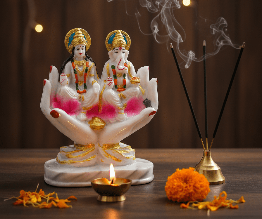 Laxmi Ganesh Idol 8 Inch, Ganesha Lakshmi on Hand Statue, Diwali Gift NGT-40, Marble Touch Prosperity Idol, Unique Hindu God Murti, Ganesh Lakshmi Hath