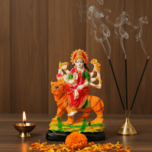 9.5 Inch Maa Durga, Durga on Tiger Statue, Mata Rani Murti Medium, Navaratri Idol NGT-072, Vastu Protection Statue, Hindu Goddess Figurine, Colorful Durga