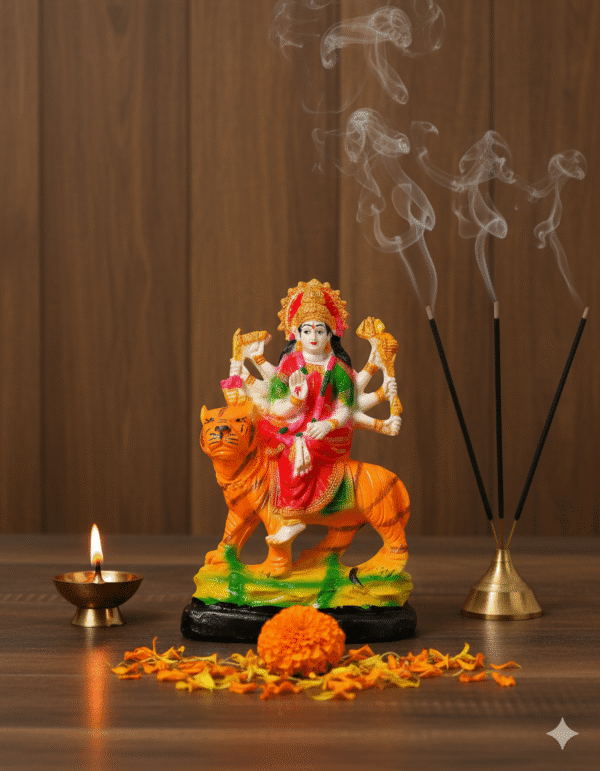 9.5 Inch Maa Durga, Durga on Tiger Statue, Mata Rani Murti Medium, Navaratri Idol NGT-072, Vastu Protection Statue, Hindu Goddess Figurine, Colorful Durga