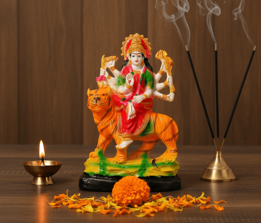 9.5 Inch Maa Durga, Durga on Tiger Statue, Mata Rani Murti Medium, Navaratri Idol NGT-072, Vastu Protection Statue, Hindu Goddess Figurine, Colorful Durga