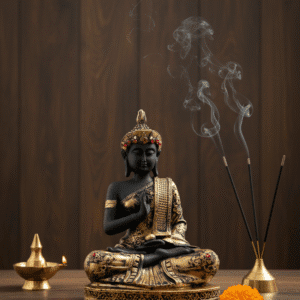 Buddha Statue, Dhyana Mudra, Black Gold Idol, Meditating Buddha, Resin Showpiece, Zen Decor, Gautam Buddha Murti, Spiritual Gift