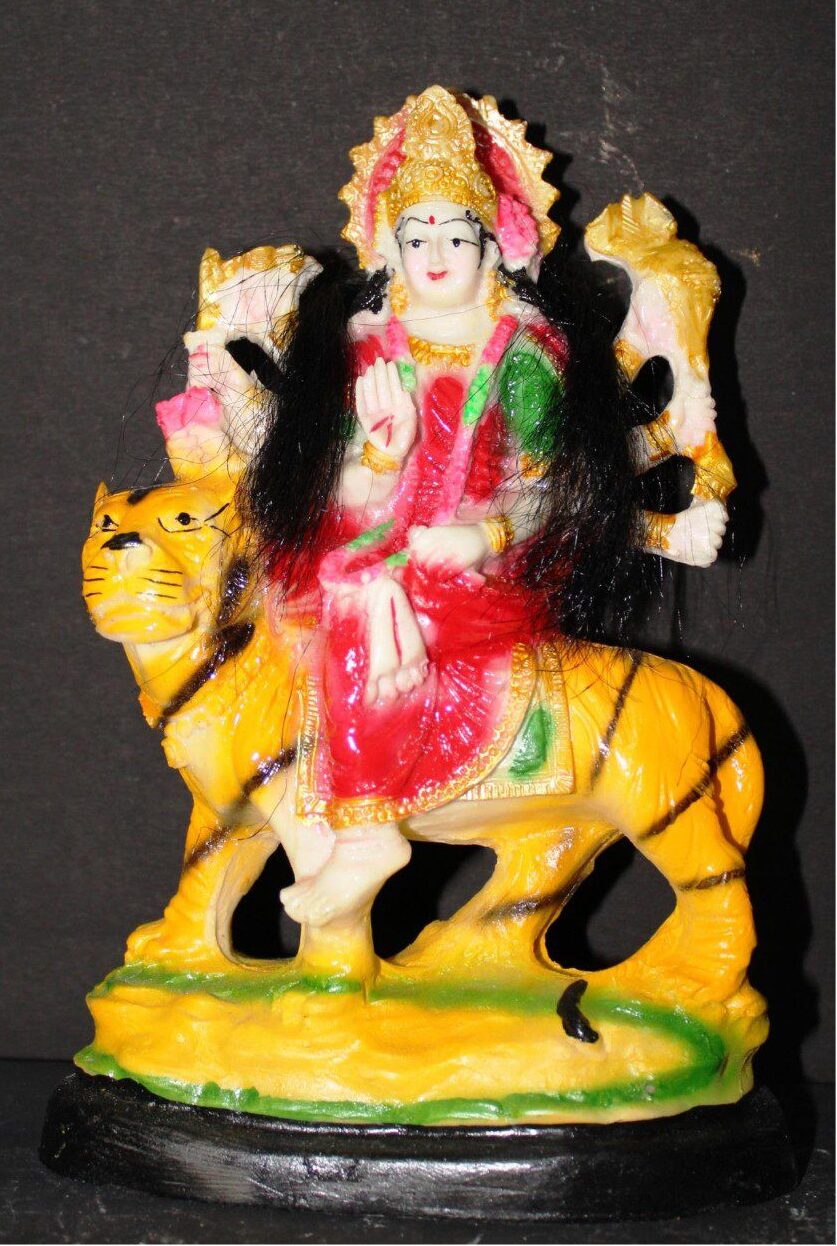 9-Inch Maa Durga Idol on Tiger with Hair (Mata Bal Wali)