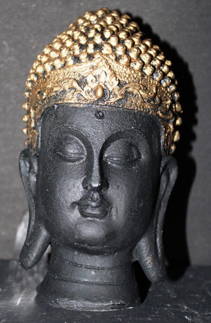 9-Inch Matte Black and Gold Buddha Head Statue - Polyresin Serene Zen Decor