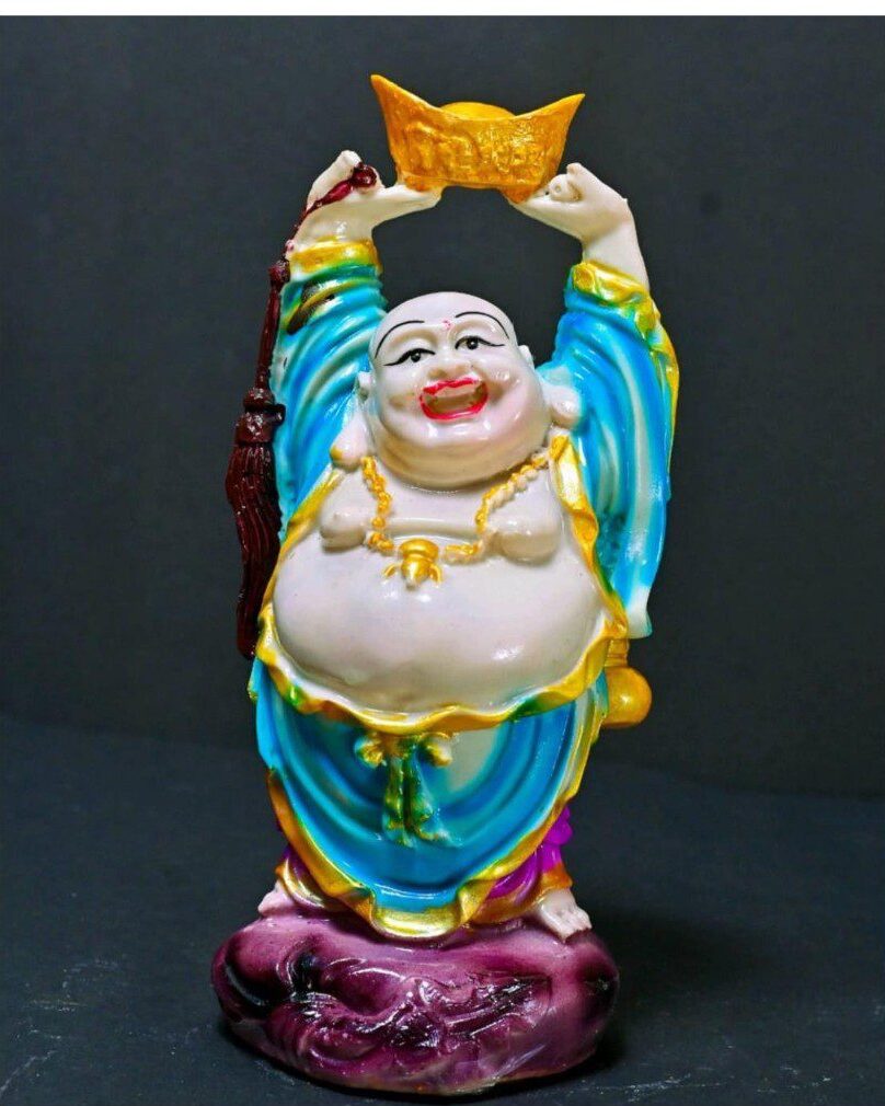 Auspicious 9-Inch Standing Laughing Buddha Statue - Hotei with Raised Gold Ingot