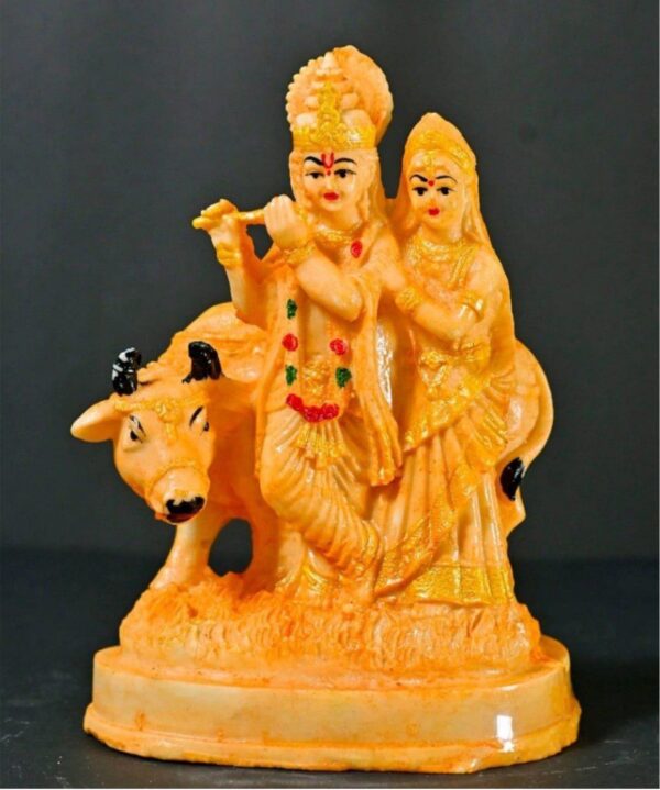 9 Inch Polyresin Radha Krishna with Cow Idol Golden Orange