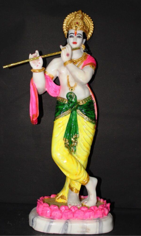 27 Inch Standing Krishna Idol - Marble Finish Flute Player on Lotus Base
