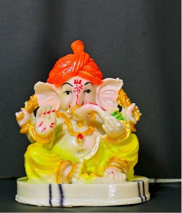 Vibrant 9 Inch Sitting Pagdi Ganesha Idol - Orange Turban Statue