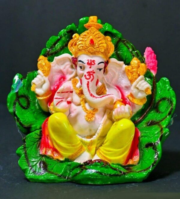 8-Inch Patta Ganesha Idol on Green Leaf Base (Colorful)