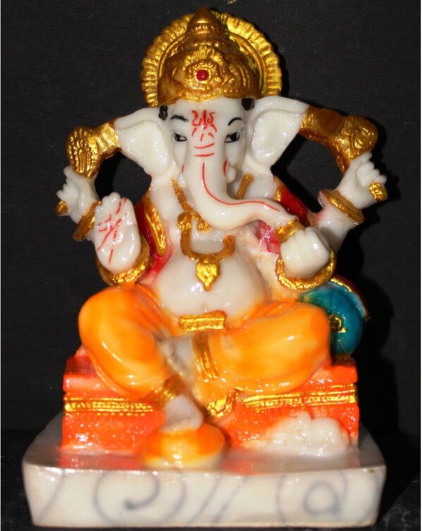 8-Inch Ornate Patri Ganesha Idol with Gold Crown (Marble Dust)
