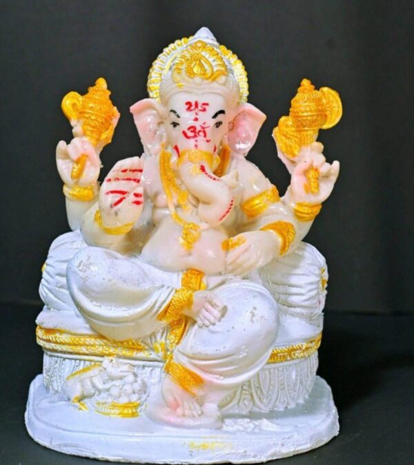 8.5-Inch Gadi Ganesha Idol (White & Gold Glitter)