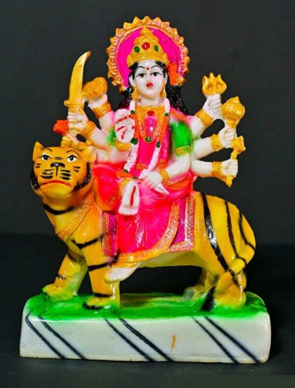 8.5-Inch Maa Durga Idol on Tiger (Pink & Gold)