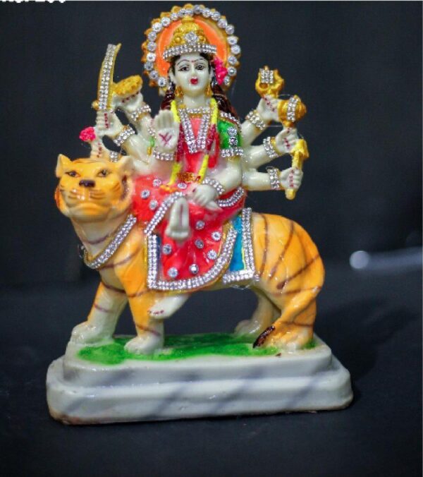 9.5-Inch Jeweled Maa Durga Idol on Tiger (Marble Touch)
